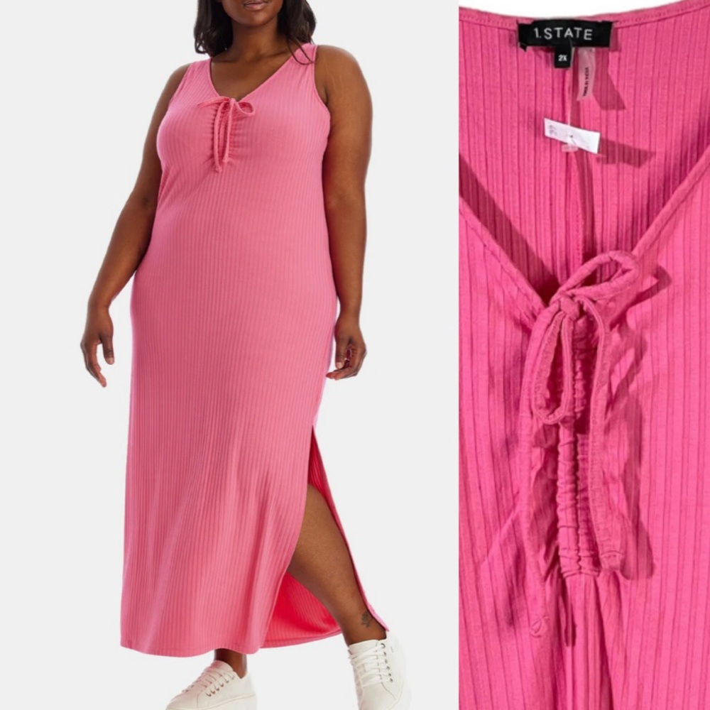 1.STATE ribbed maxi pink dress ruched front slit side women plus Size 2X